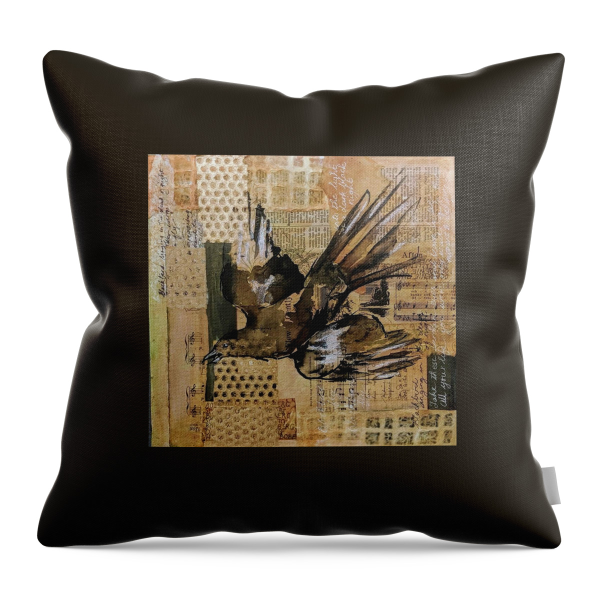 Ink Throw Pillow featuring the mixed media Blackbird in flight by Jillian Goldberg