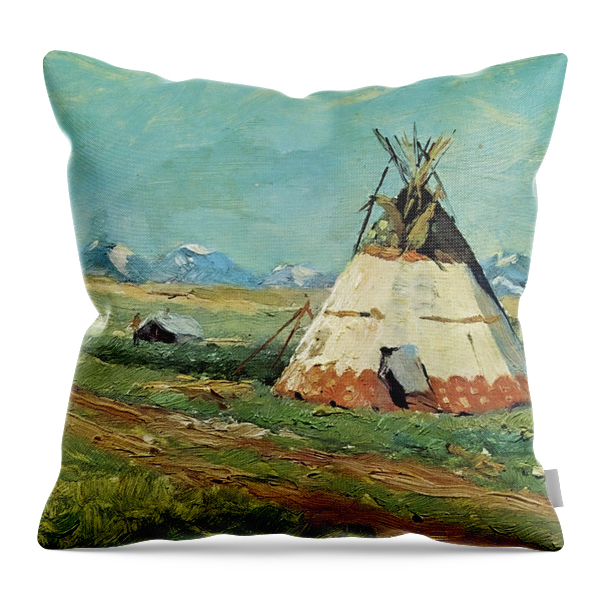 Blackfoot Throw Pillow featuring the painting Blackfoot Reservation Montana by Charles Schreyvogel