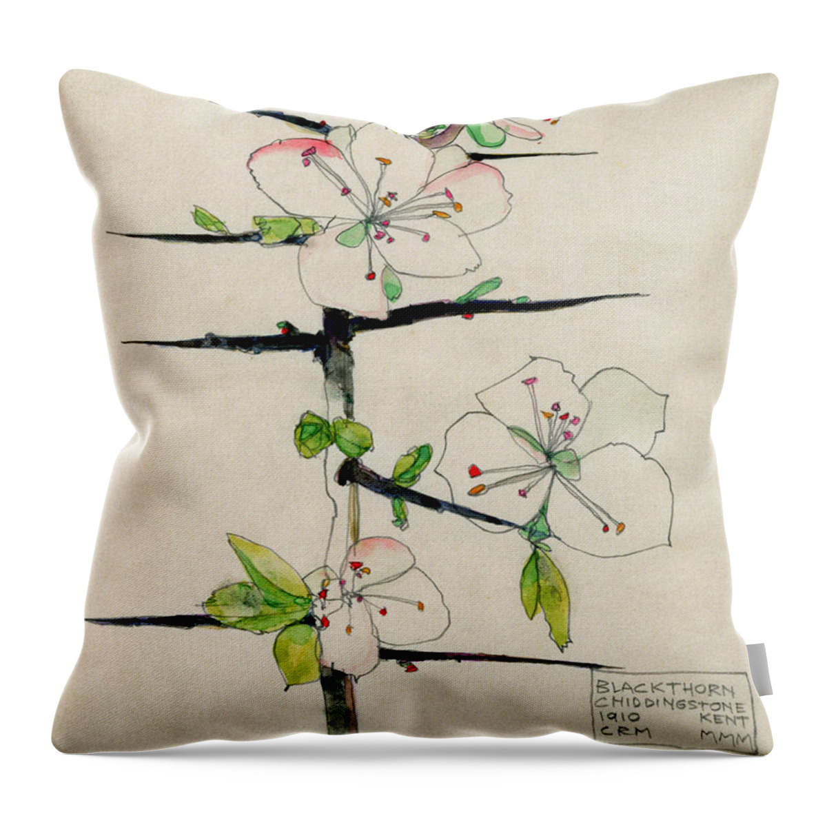 Charles Rennie Mackintosh Throw Pillow featuring the painting Blackthorn, Chiddingstone, Kent, 1910 by Charles Rennie Mackintosh