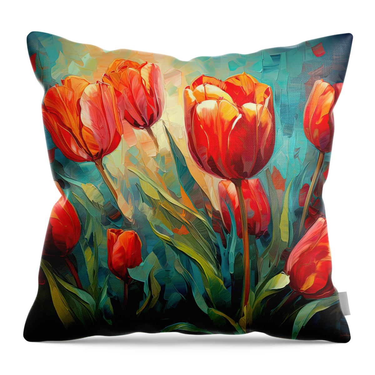 Red Tulips Throw Pillow featuring the digital art Blaze of Orange and Red - Red and Orange Tulips by Lourry Legarde