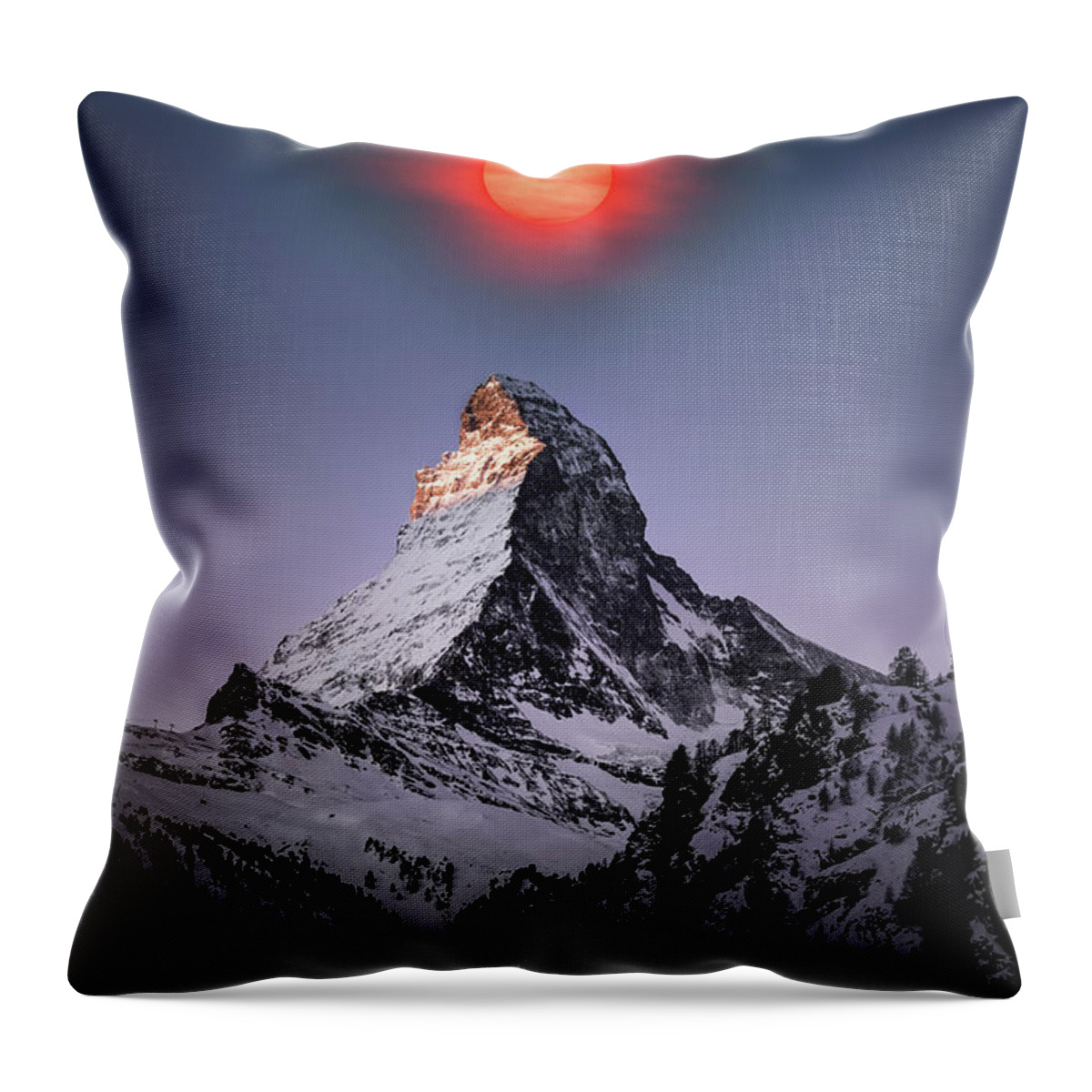 Blood Moon Over Matterhorn Throw Pillow featuring the painting Blood Moon over Matterhorn, Zermatt, Switzerland v1 by Celestial Images