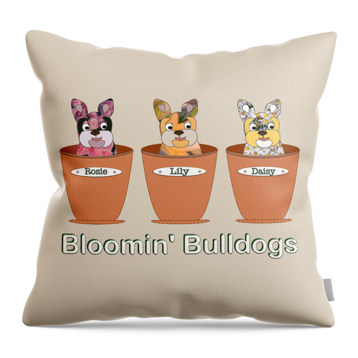 French Throw Pillow featuring the digital art Blooming Bulldogs - Frenchie Pups in Flower Pots by Barefoot Bodeez Art