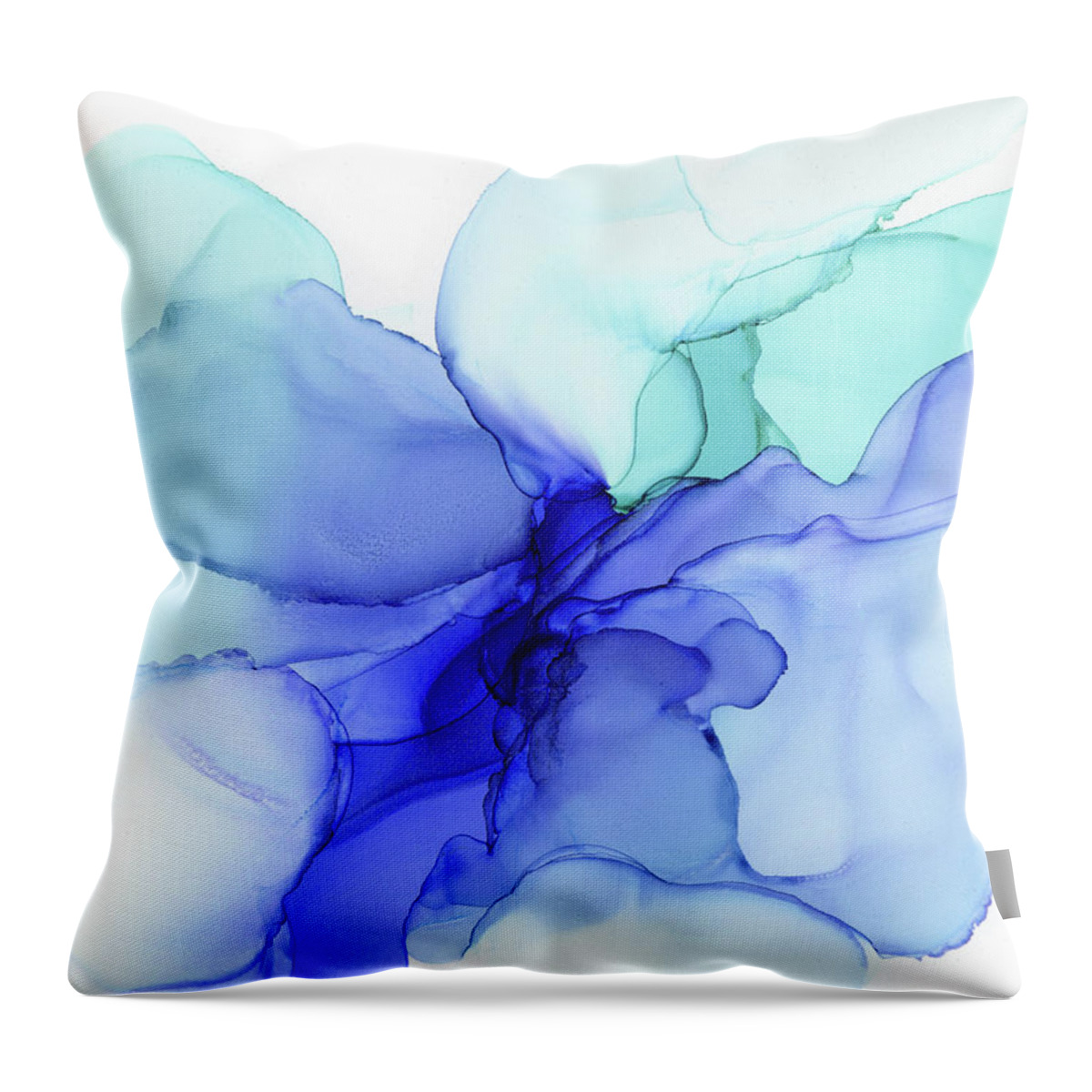 Blue Throw Pillow featuring the painting Blue Abstract Floral Ink by Olga Shvartsur