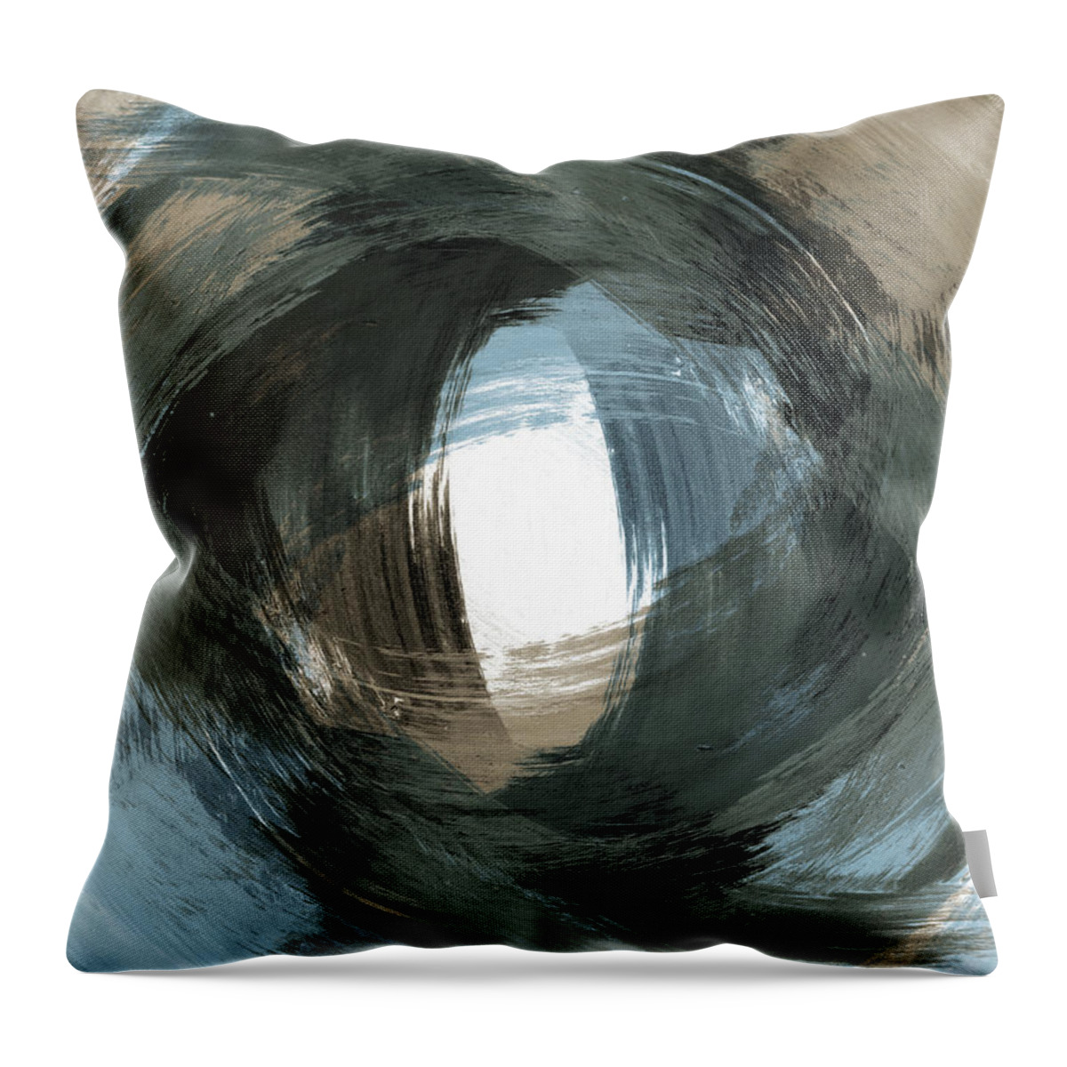 Beige Throw Pillow featuring the painting Blue and Beige Modern Abstract Brushstroke Painting Vortex by Janine Aykens