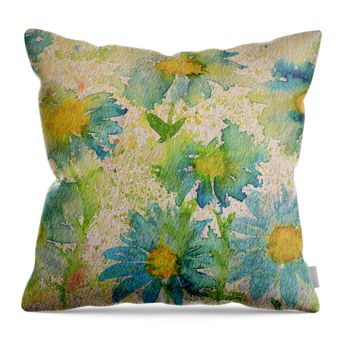 Daisy Throw Pillow featuring the painting Blue and Yellow Daisies by Nigel R Bell