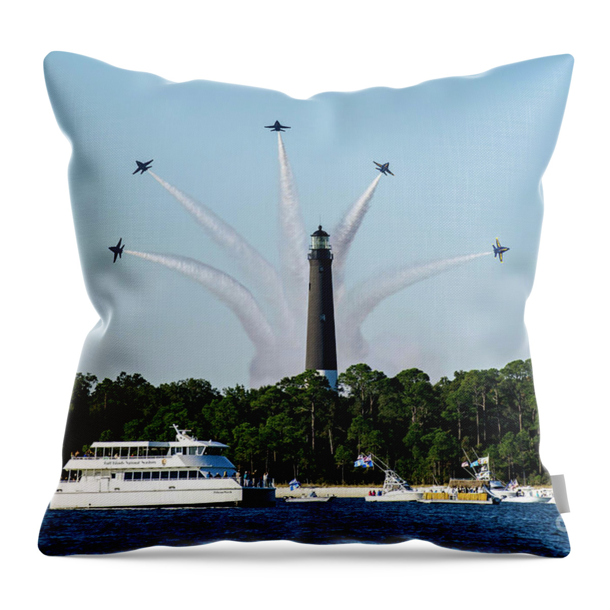 Blue Angels Throw Pillow featuring the photograph Blue Angels over Pensacola Lighthouse by Beachtown Views