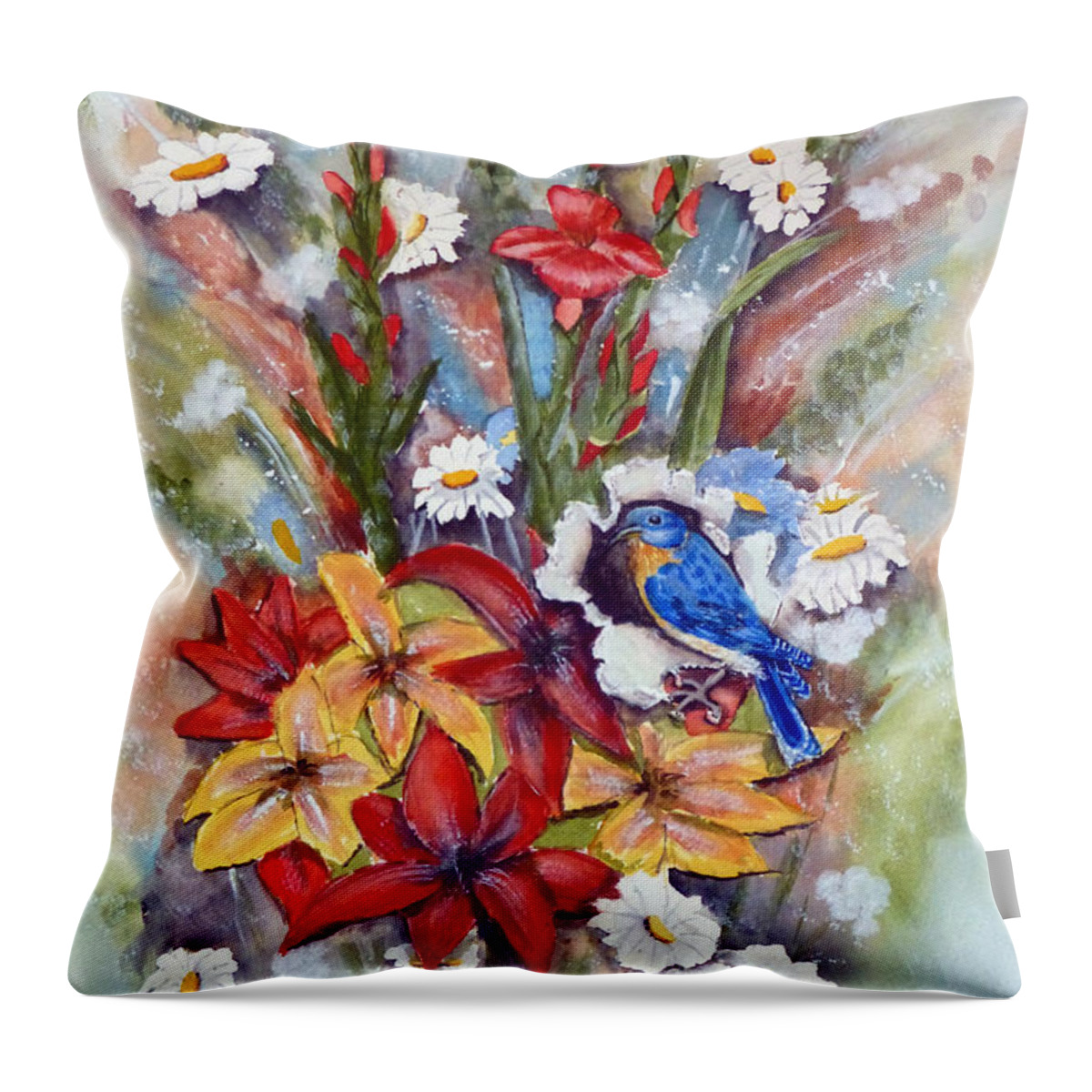 Floral Throw Pillow featuring the painting Blue Bird Eats thru the Painting by Kelly Mills