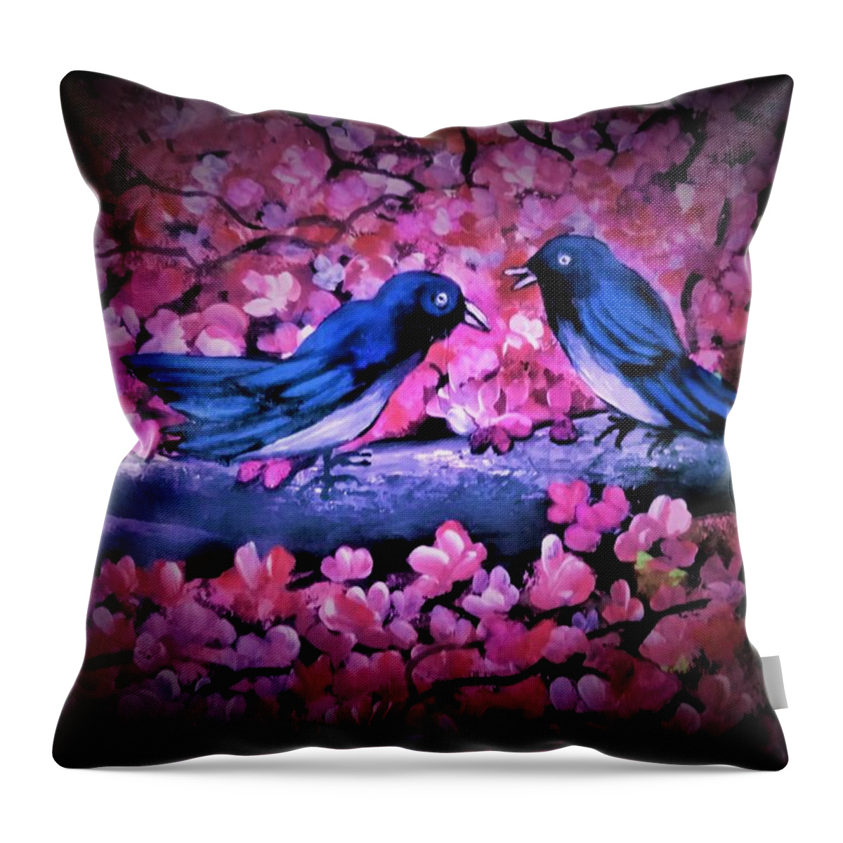 Bird Throw Pillow featuring the painting Blue birds in spring by Tara Krishna