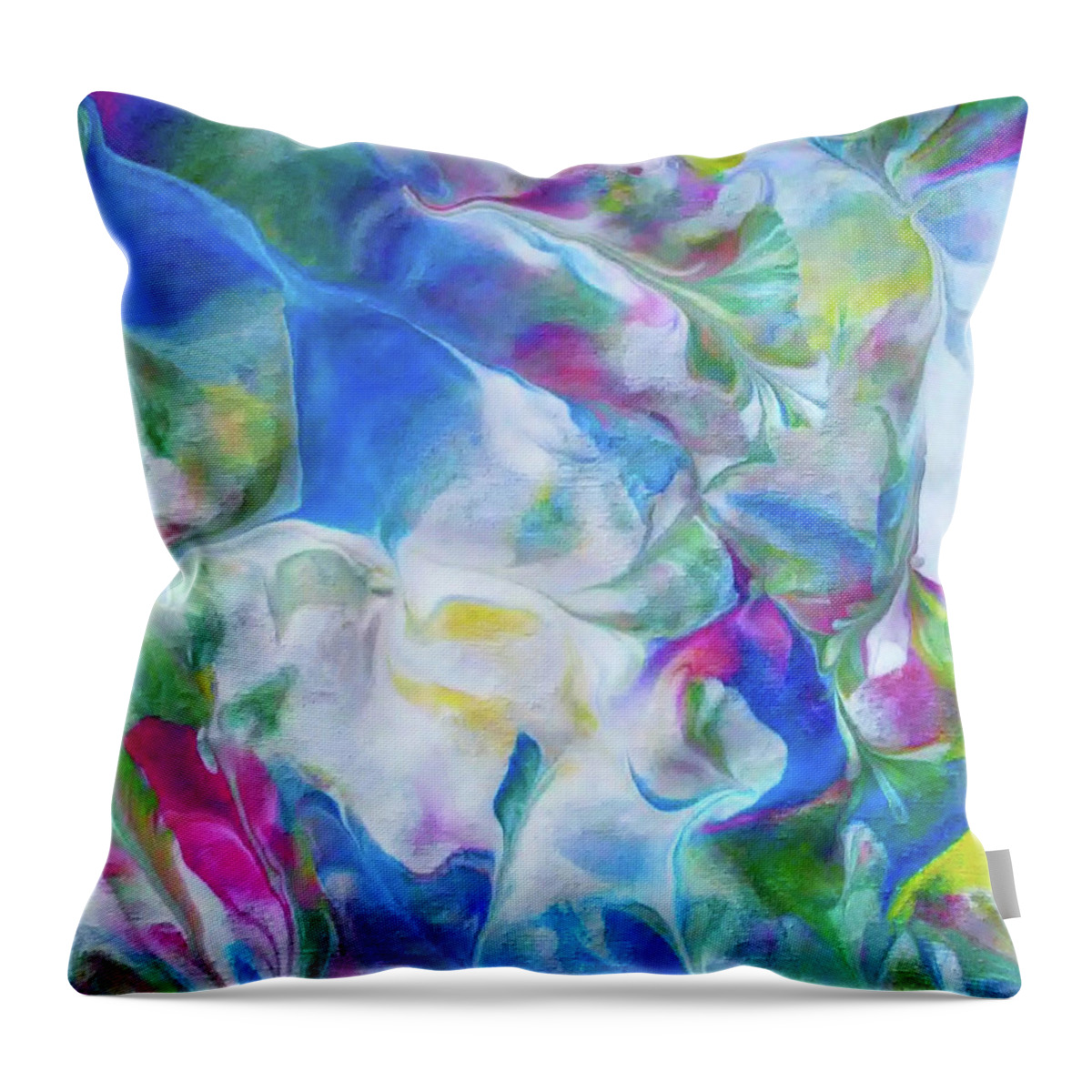 Abstract Flora Blues Greens Pink Yellow Throw Pillow featuring the painting Blue Bloom by Deborah Erlandson