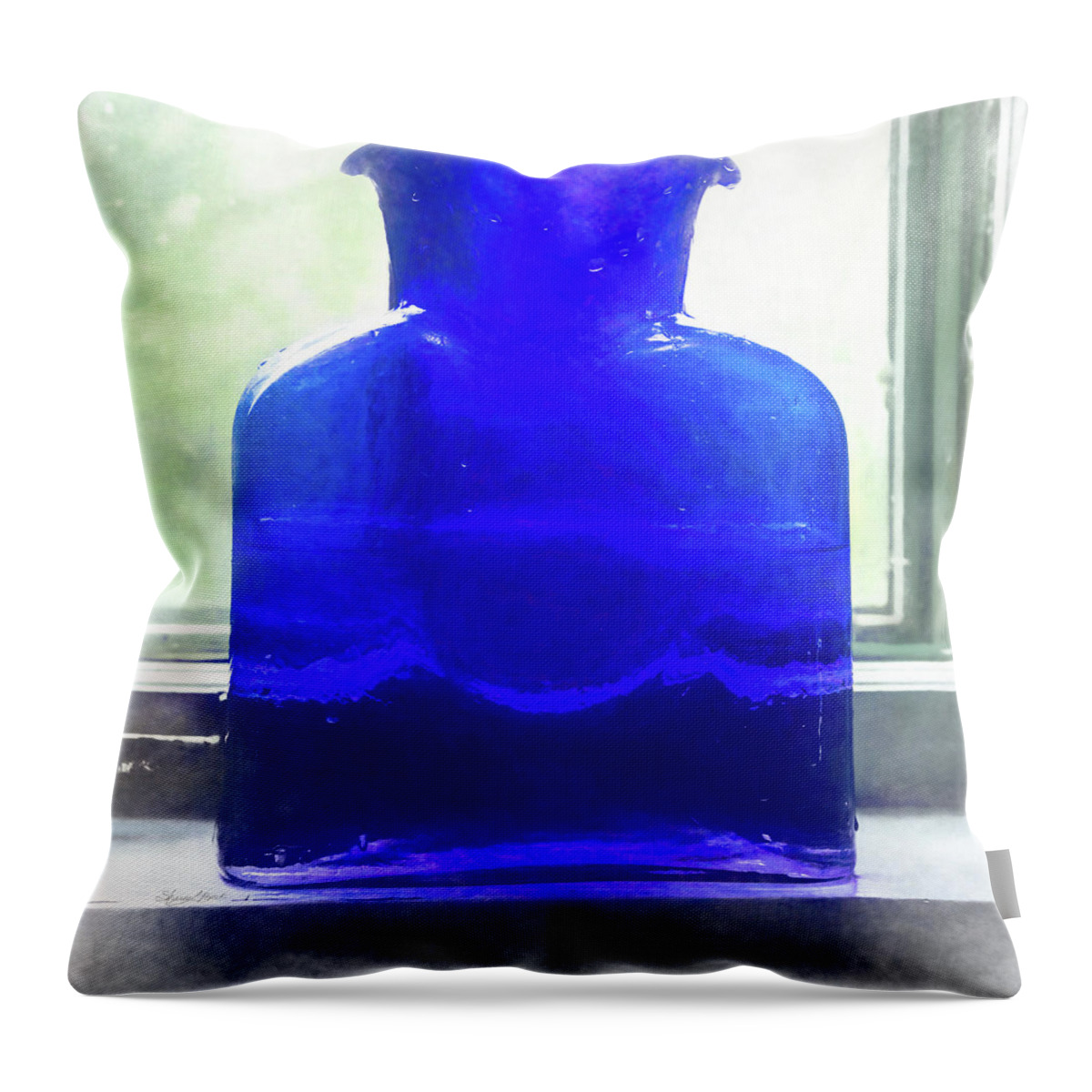 Blue Bottle In The Window Throw Pillow featuring the photograph Blue Bottle in the Window by Sharon Popek
