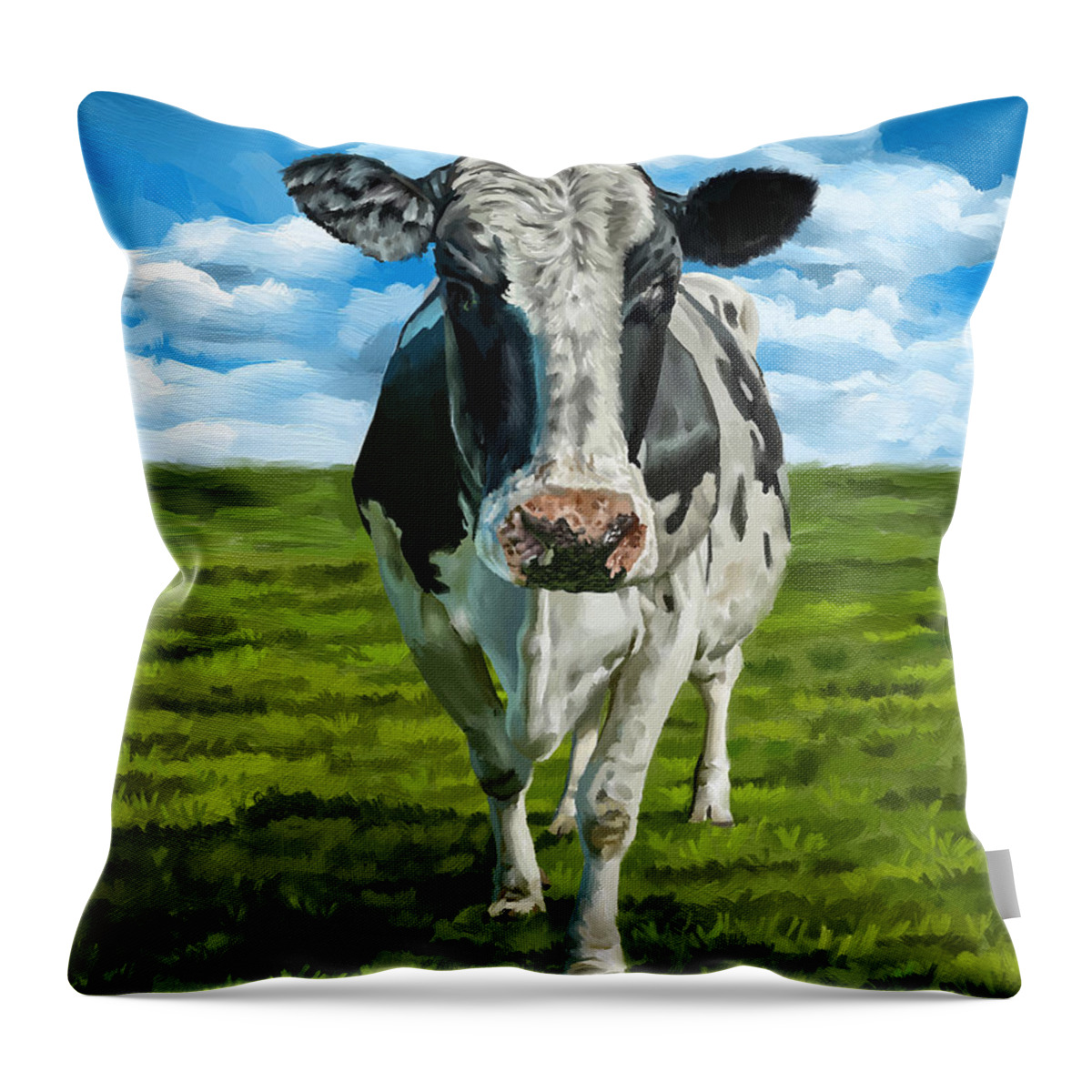 Farmhouse Throw Pillow featuring the digital art Blue Sky, Green Grass and a Cow - Farmhouse Painting by Shawn Conn