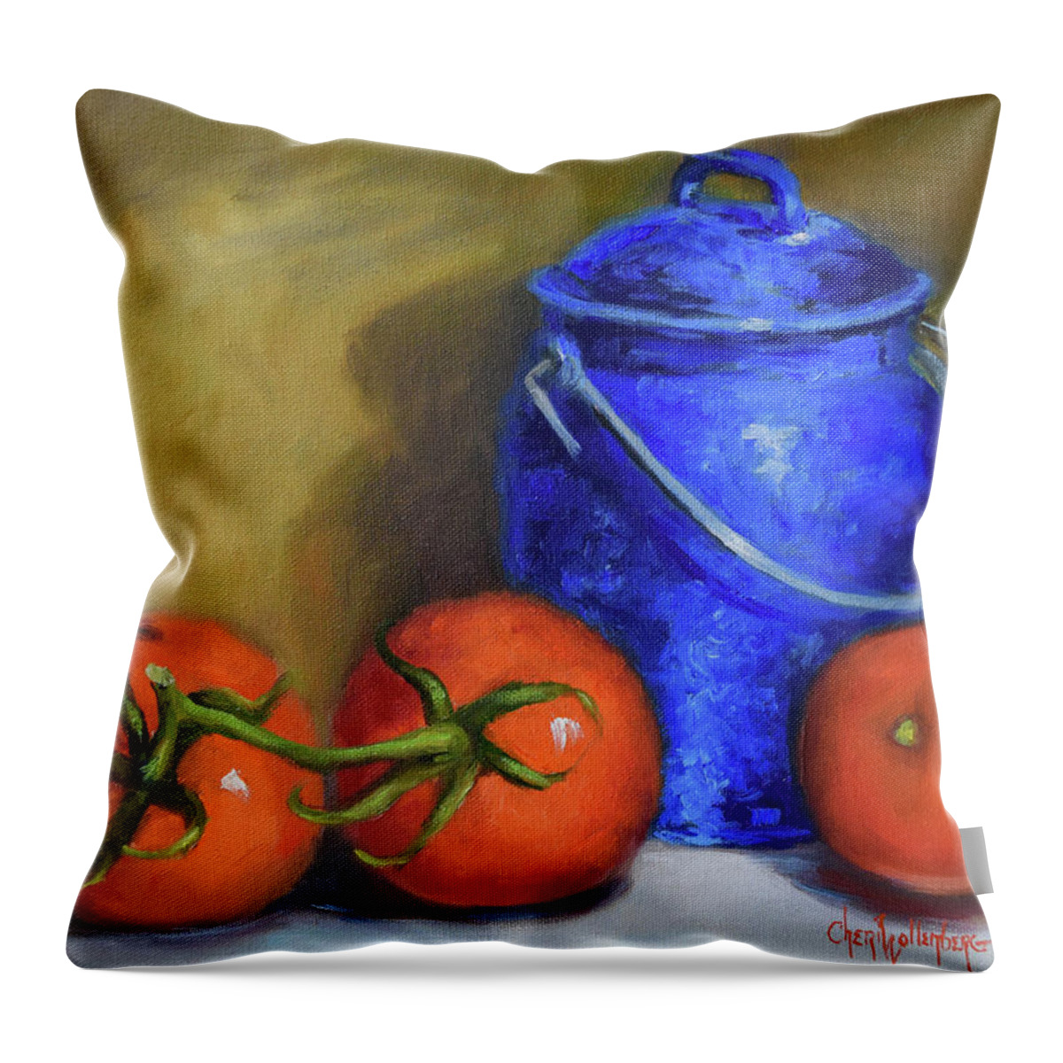 Blue Enamelware Throw Pillow featuring the painting Blue Enamelware Container And Bright Red Garden Tomatoes by Cheri Wollenberg