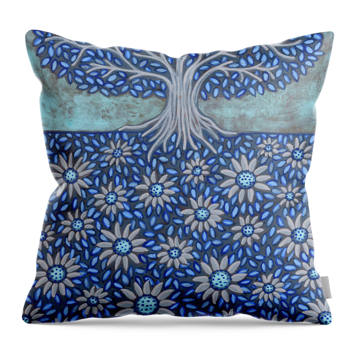 Tree Throw Pillow featuring the painting Blue Field and Tree Tapestry by Amy E Fraser