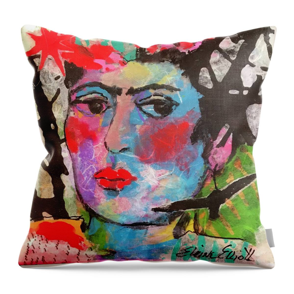Frida Kahlo Throw Pillow featuring the painting Blue Frida by Elaine Elliott