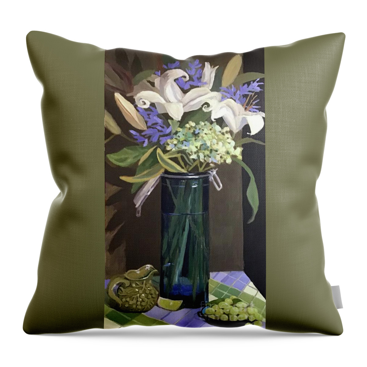 Lily Throw Pillow featuring the painting Blue Glass Canister with Lillies by Anne Marie Brown
