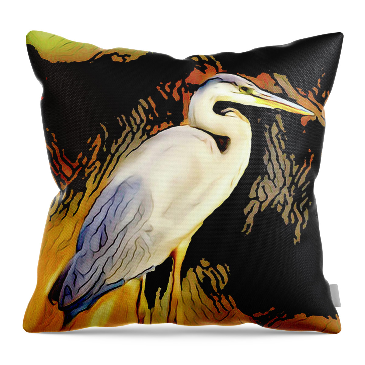 Blue Heron Throw Pillow featuring the digital art Blue Heron Black/Gold by Don Wright