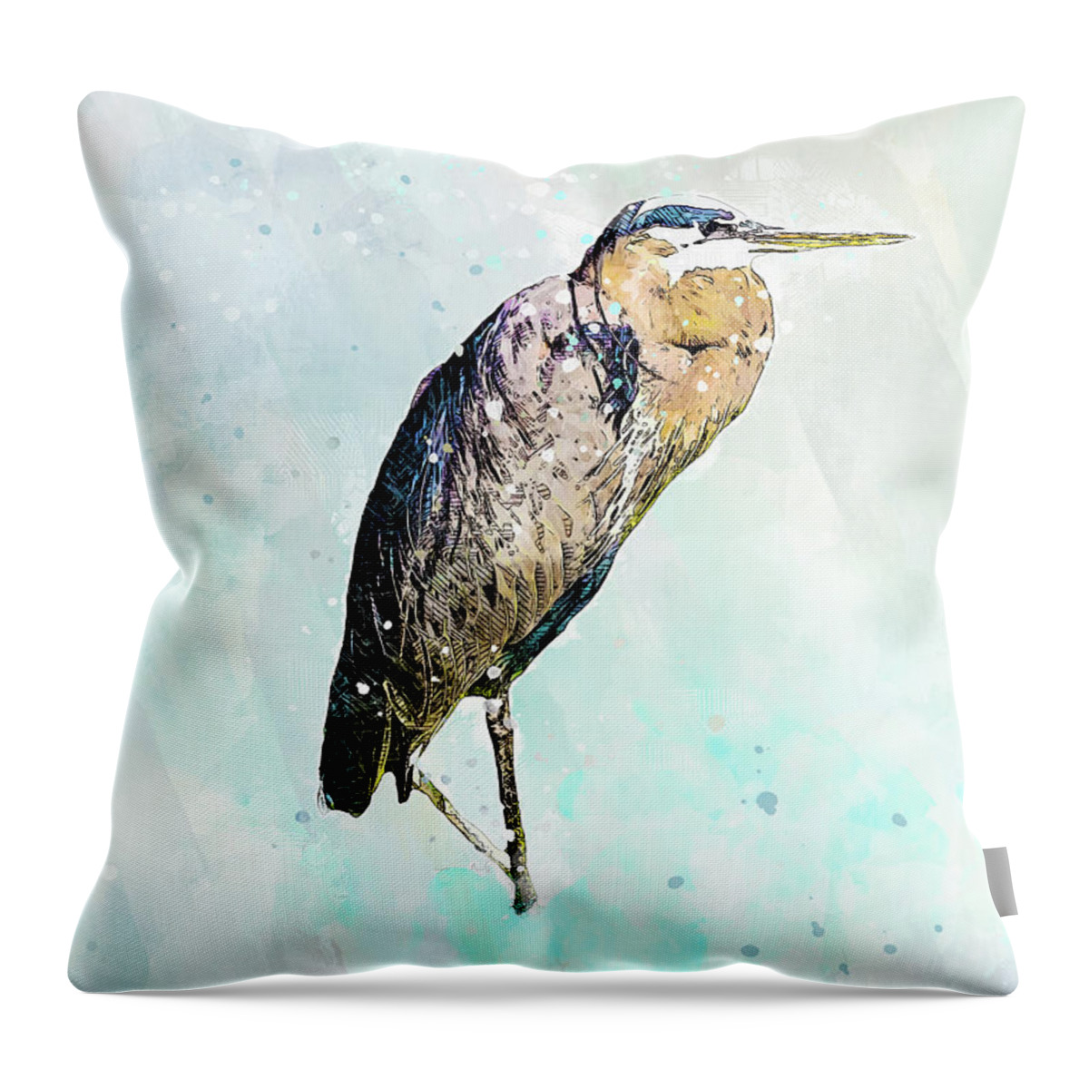  Great Blue Heron Throw Pillow featuring the mixed media Blue Heron Illustration by Pamela Williams