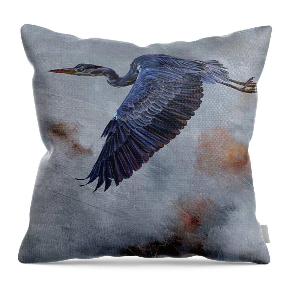 Bird Throw Pillow featuring the digital art Blue Heron in Flight by Shawn Conn