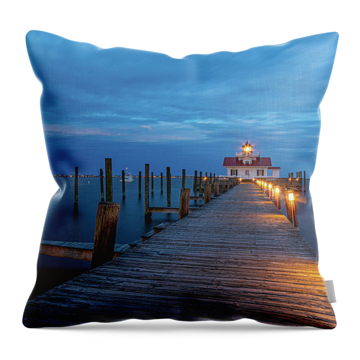 North Carolina Throw Pillow featuring the photograph Blue Hour at Roanoke Marshes Light by Claudia Domenig