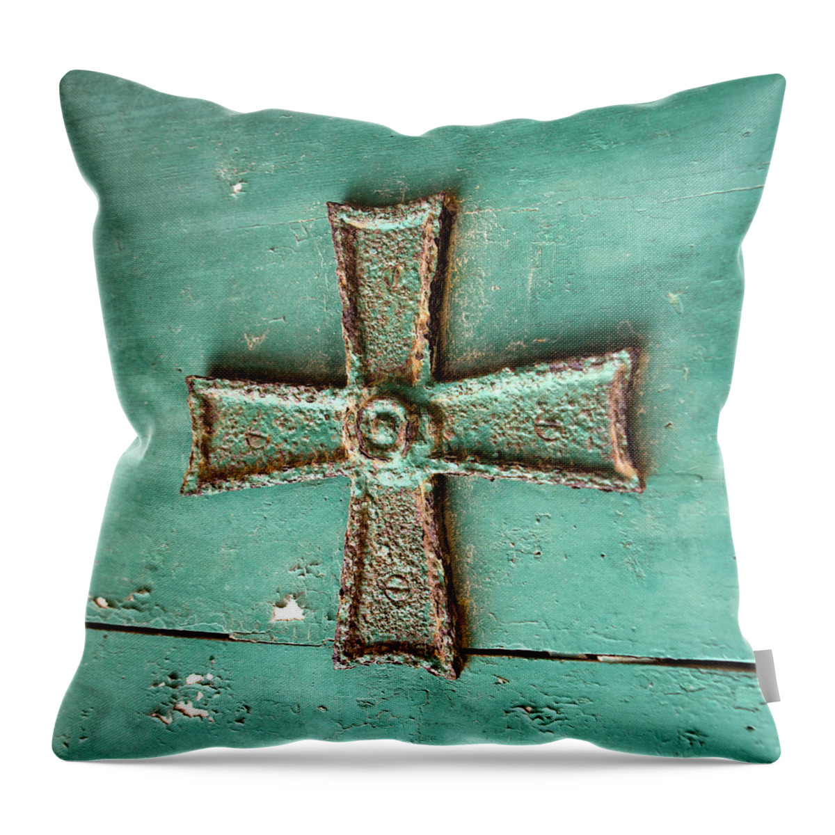 Blue Iron Cross On Wood Throw Pillow featuring the photograph Blue Iron Cross on Wood in Square by Iris Richardson