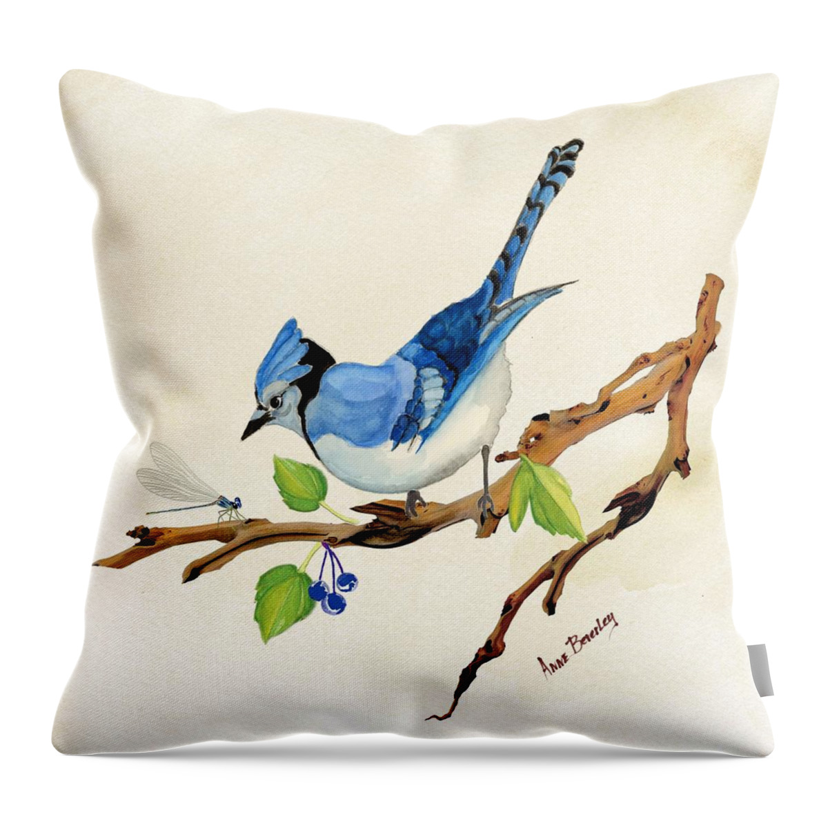 Blue Jay Throw Pillow featuring the painting Blue Jay by Anne Beverley-Stamps