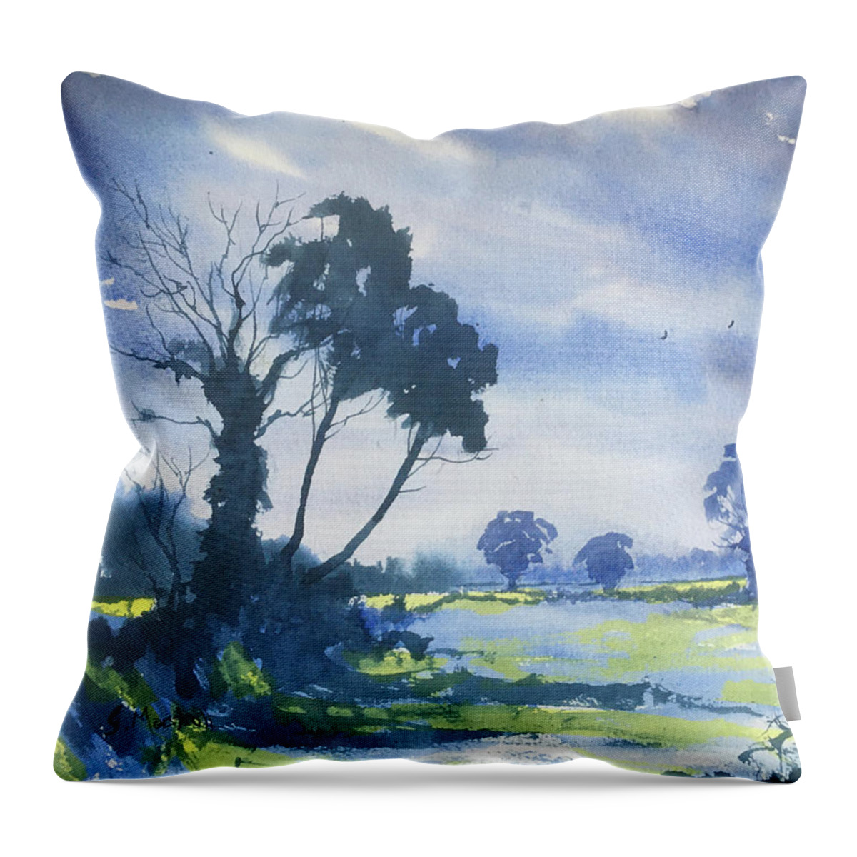 Watercolour Throw Pillow featuring the painting Blue Light on the Yorkshire Wolds by Glenn Marshall
