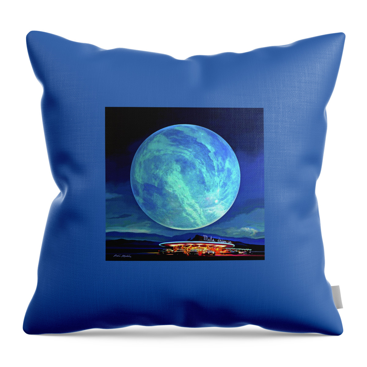 Blue Moon Throw Pillow featuring the digital art Blue Moon Over Mel's by Robin Moline