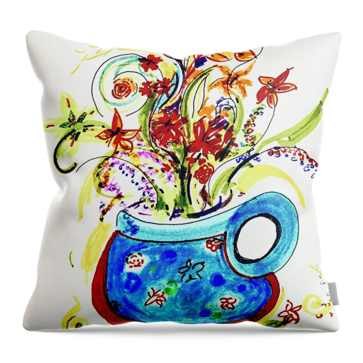 Still Life Throw Pillow featuring the painting Blue Pot Of Flowers by Alida M Haslett