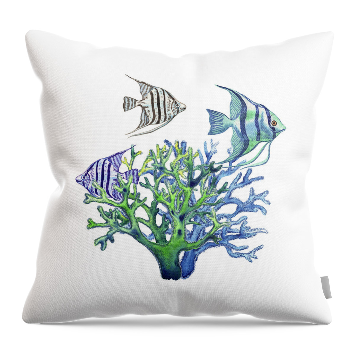 Blue Throw Pillow featuring the painting Blue Purple Gray Scalare Angel Fish in Watercolor Corals by Irina Sztukowski