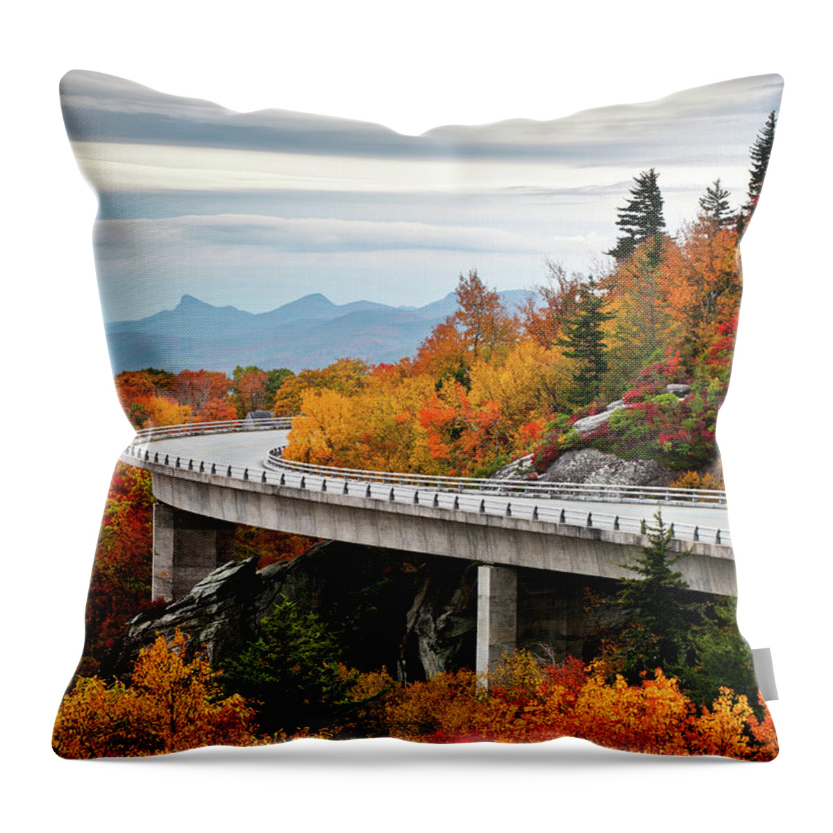Linn Cove Viaduct Throw Pillow featuring the photograph Blue Ridge Parkway Fall Foliage Linn Cove Viaduct by Dave Allen