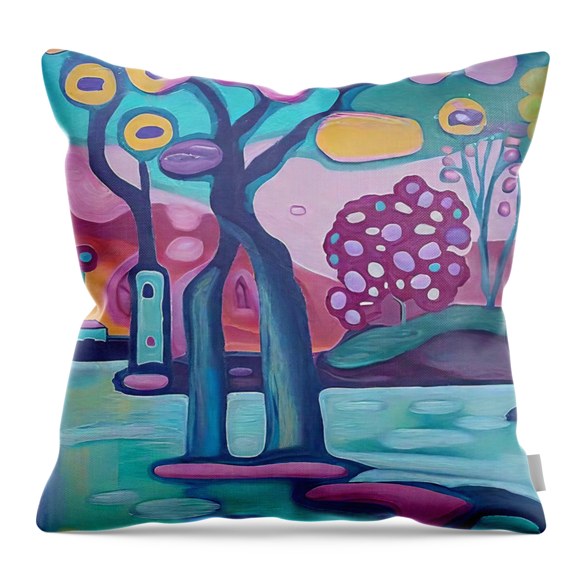 River Throw Pillow featuring the painting Blue River Red Sky Painting river blue tree Serbia red sky hotis by N Akkash
