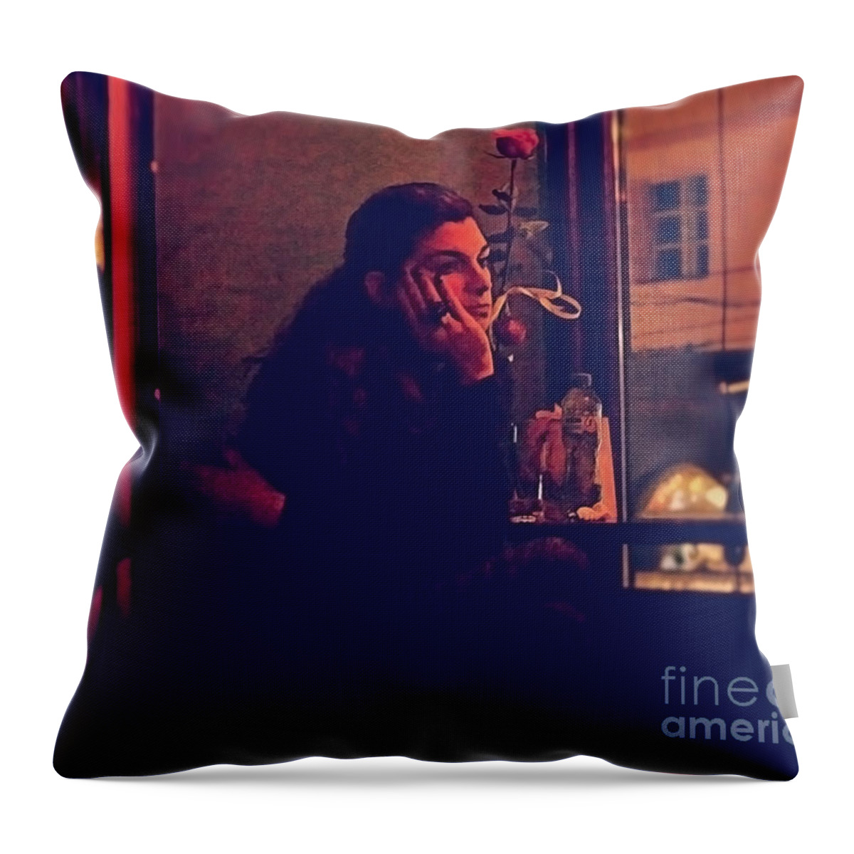 Girl Throw Pillow featuring the digital art Blue rose in red night by Yavor Mihaylov