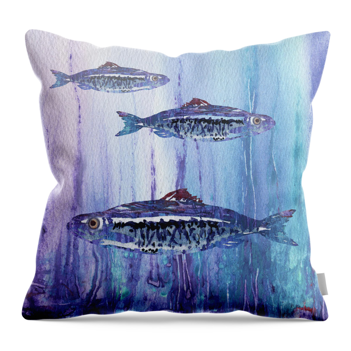 Watercolor Throw Pillow featuring the painting Blue School Of Fish Watercolor by Irina Sztukowski