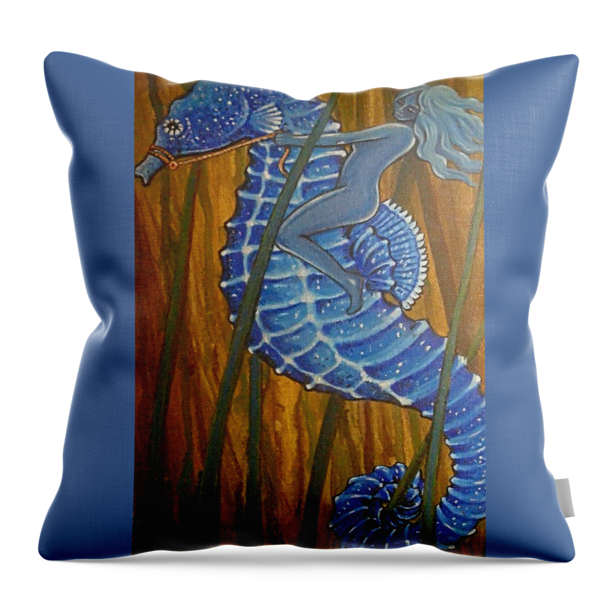 Seahorse Throw Pillow featuring the painting Blue Seahorse Rider of Near by James RODERICK