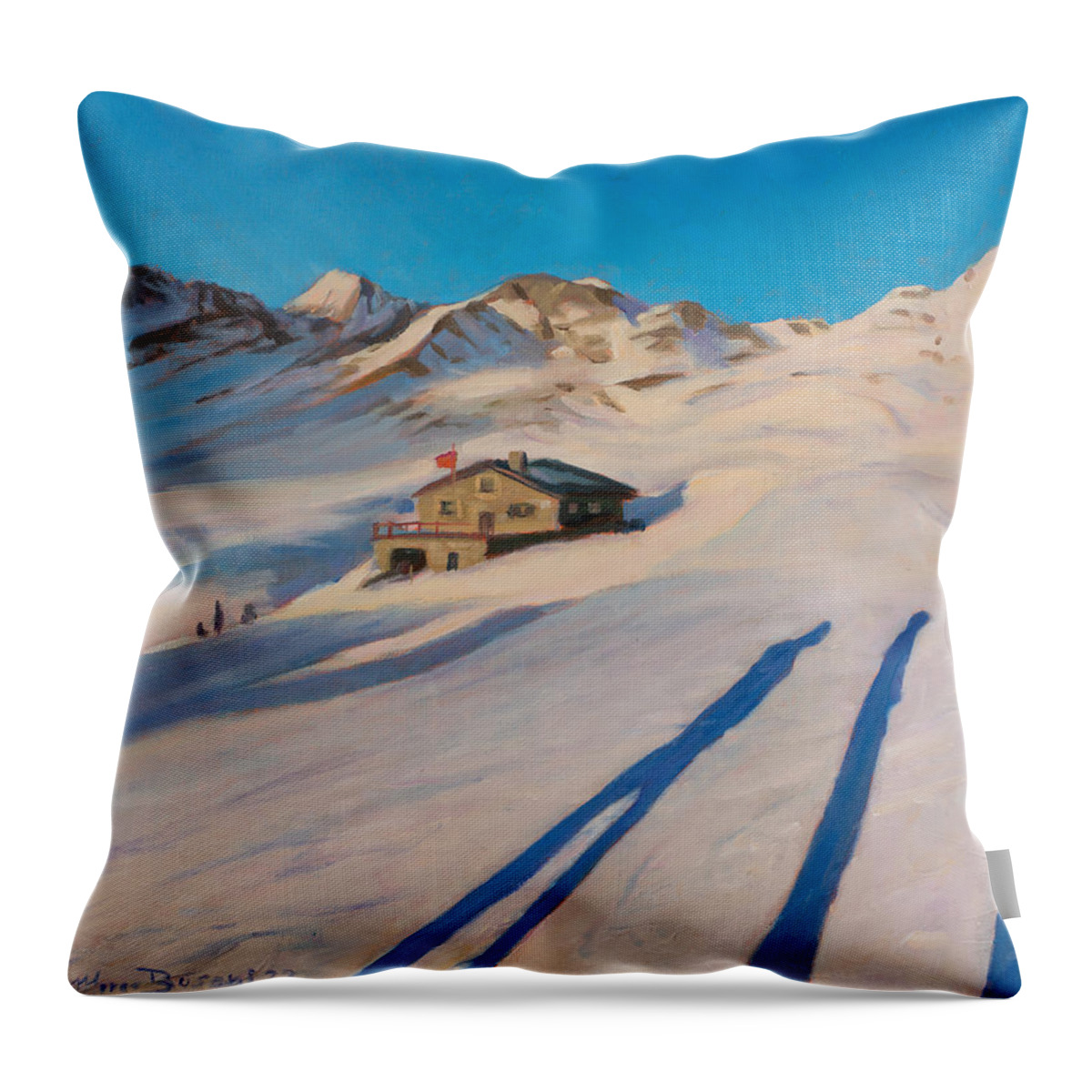 Snow Throw Pillow featuring the painting Blue shadows by Marco Busoni
