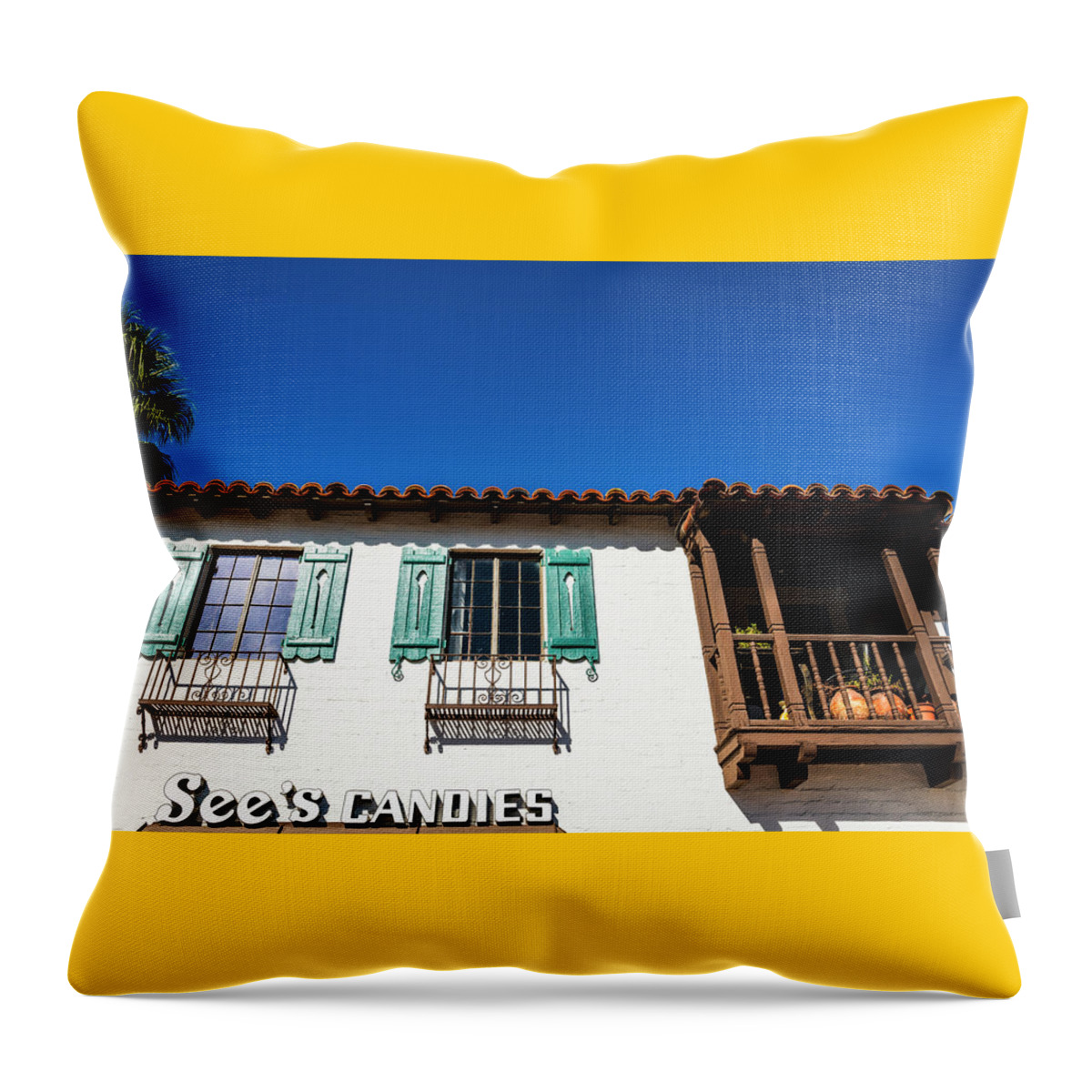 Architecture Throw Pillow featuring the photograph Blue Sky See's Candies Palm Springs 0379-100 by Amyn Nasser