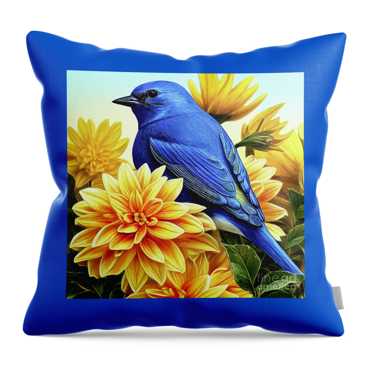 Eastern Bluebird Throw Pillow featuring the painting Bluebird In The Yellow Peonies by Tina LeCour