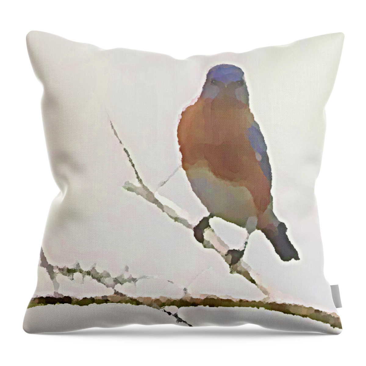 Eastern Bluebird Throw Pillow featuring the mixed media Bluebird Stare, Eastern Bluebird on a Winter Tree Branch  by Shelli Fitzpatrick