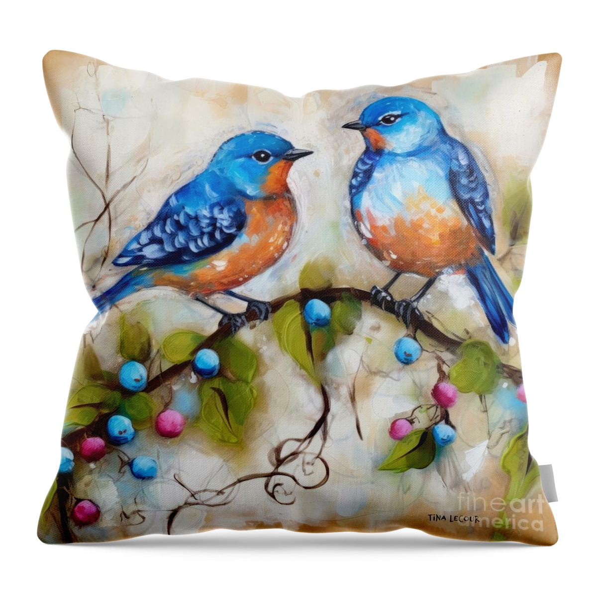 Bluebirds Throw Pillow featuring the painting Bluebirds And Berries by Tina LeCour