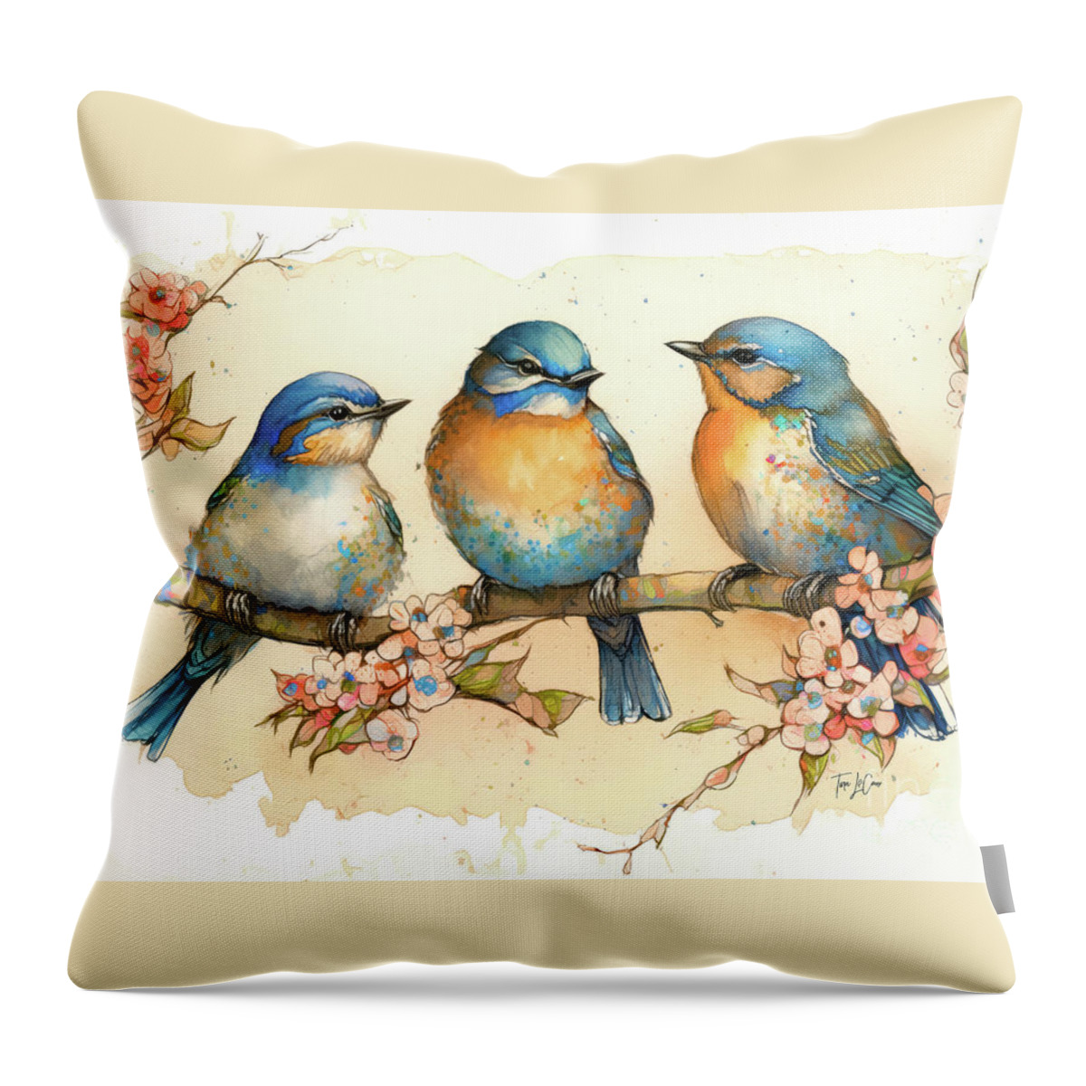 Bluebirds Throw Pillow featuring the painting Bluebirds In The Blossoms by Tina LeCour