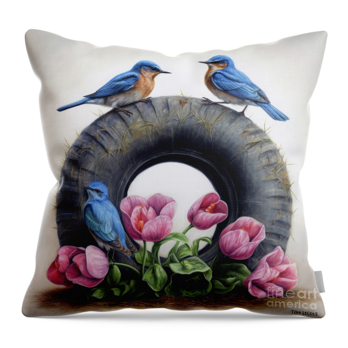Bluebirds Throw Pillow featuring the painting Bluebirds On The Tire by Tina LeCour