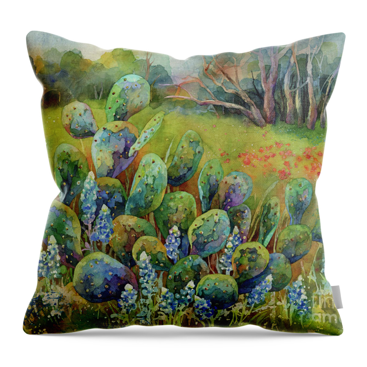 Cactus Throw Pillow featuring the painting Bluebonnets and Cactus by Hailey E Herrera