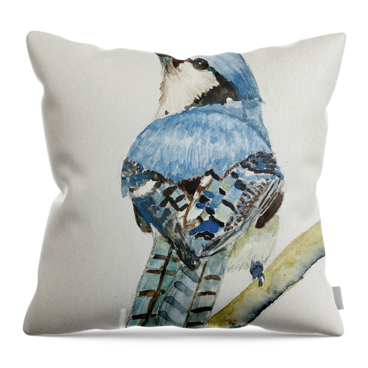 Bird Throw Pillow featuring the painting Bluejay on Branch by Christine Lathrop