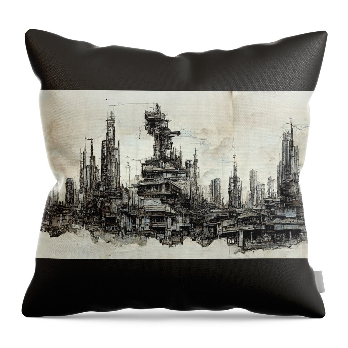 Peacock Throw Pillow featuring the painting Blueprint of derelict city skyline for background of  c00a3c85 d3fd 883b 8ed8 d3c381ebd by MotionAge Designs