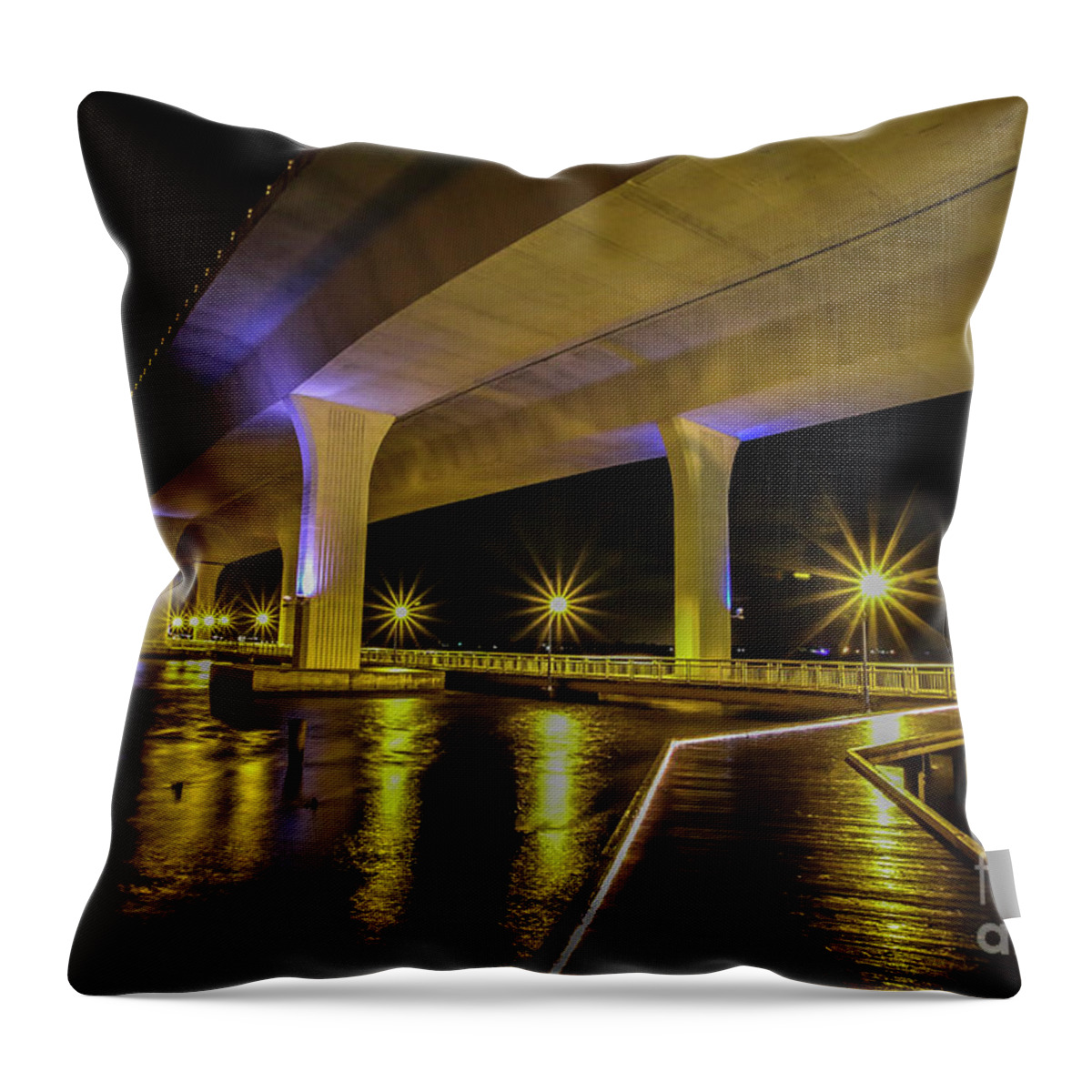 Boardwalk Throw Pillow featuring the photograph Boardwalk, Lights and Bridge by Tom Claud