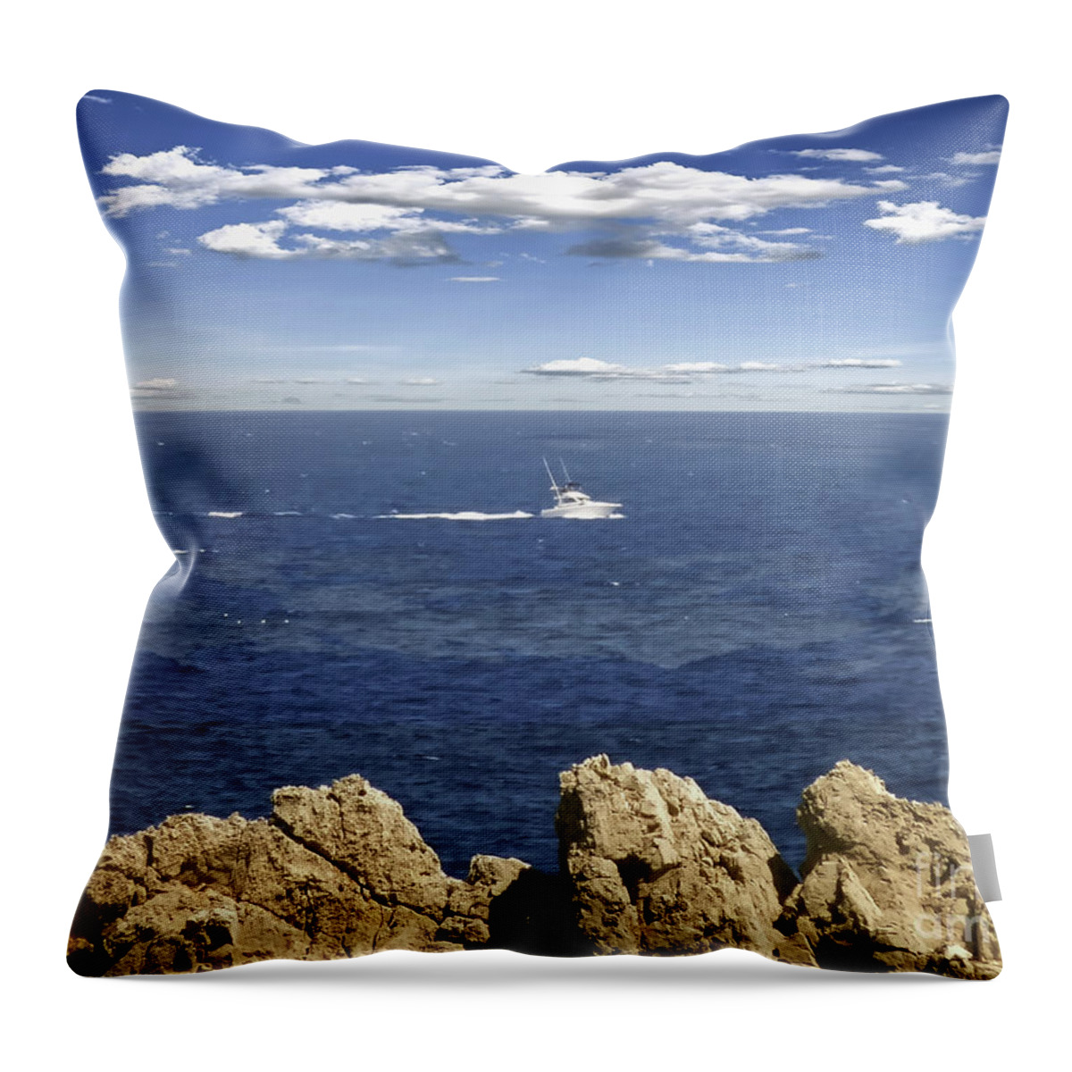 Spain Throw Pillow featuring the photograph Boat going out to sea, Sa Pinta des Pon, Spain by Pics By Tony