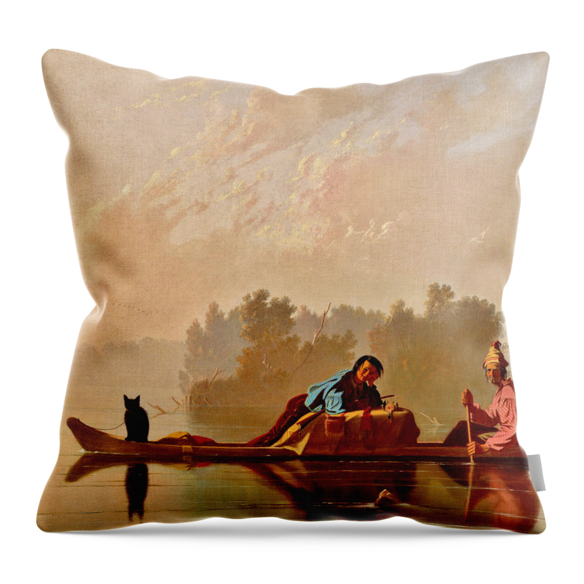 Fur Throw Pillow featuring the painting Boat on River                           by Long Shot