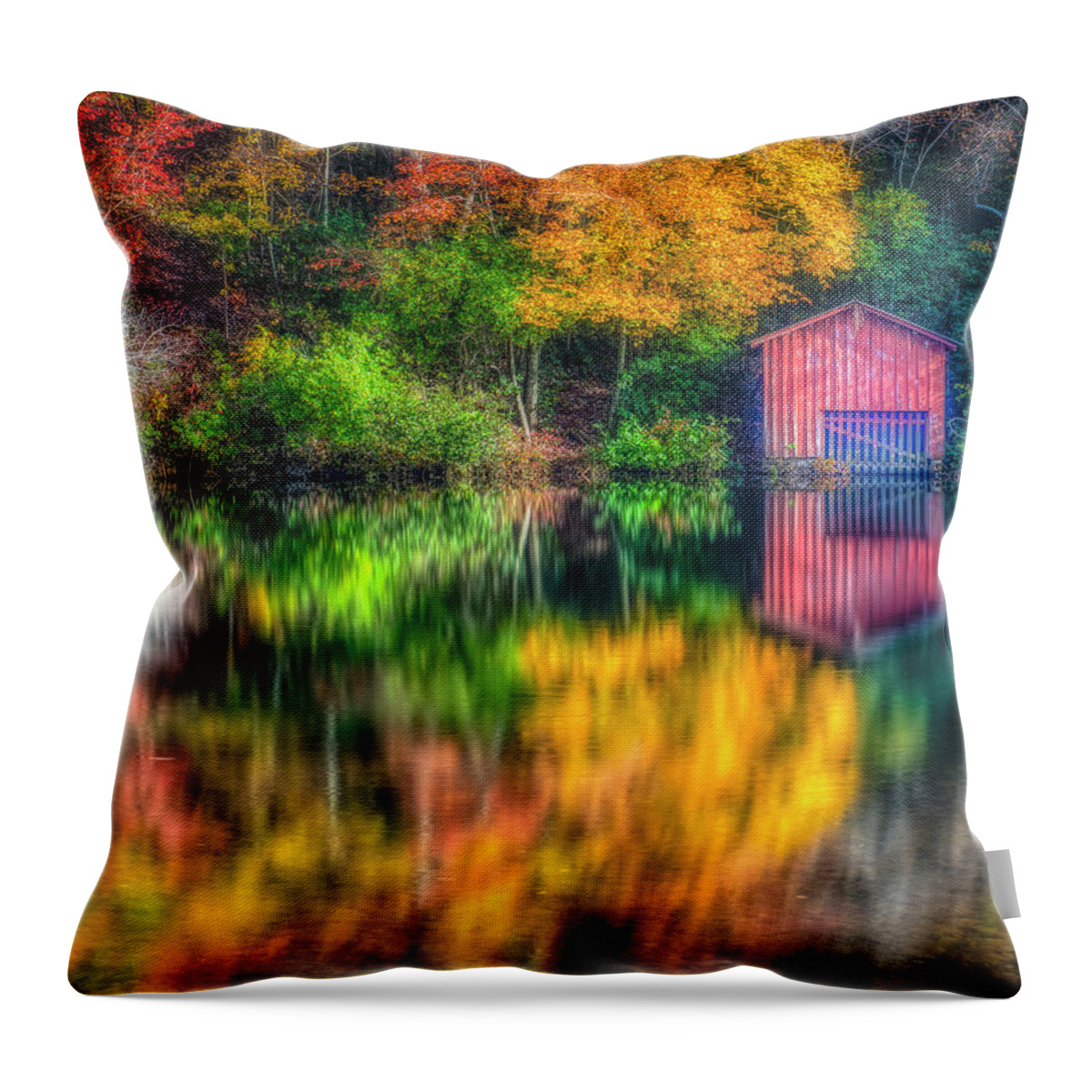 Fineartamerica Boathouse In The Fall Lake Water Desoto Falls Autumn Leaves Throw Pillow featuring the photograph Boathouse in the Fall by Mark Peavy
