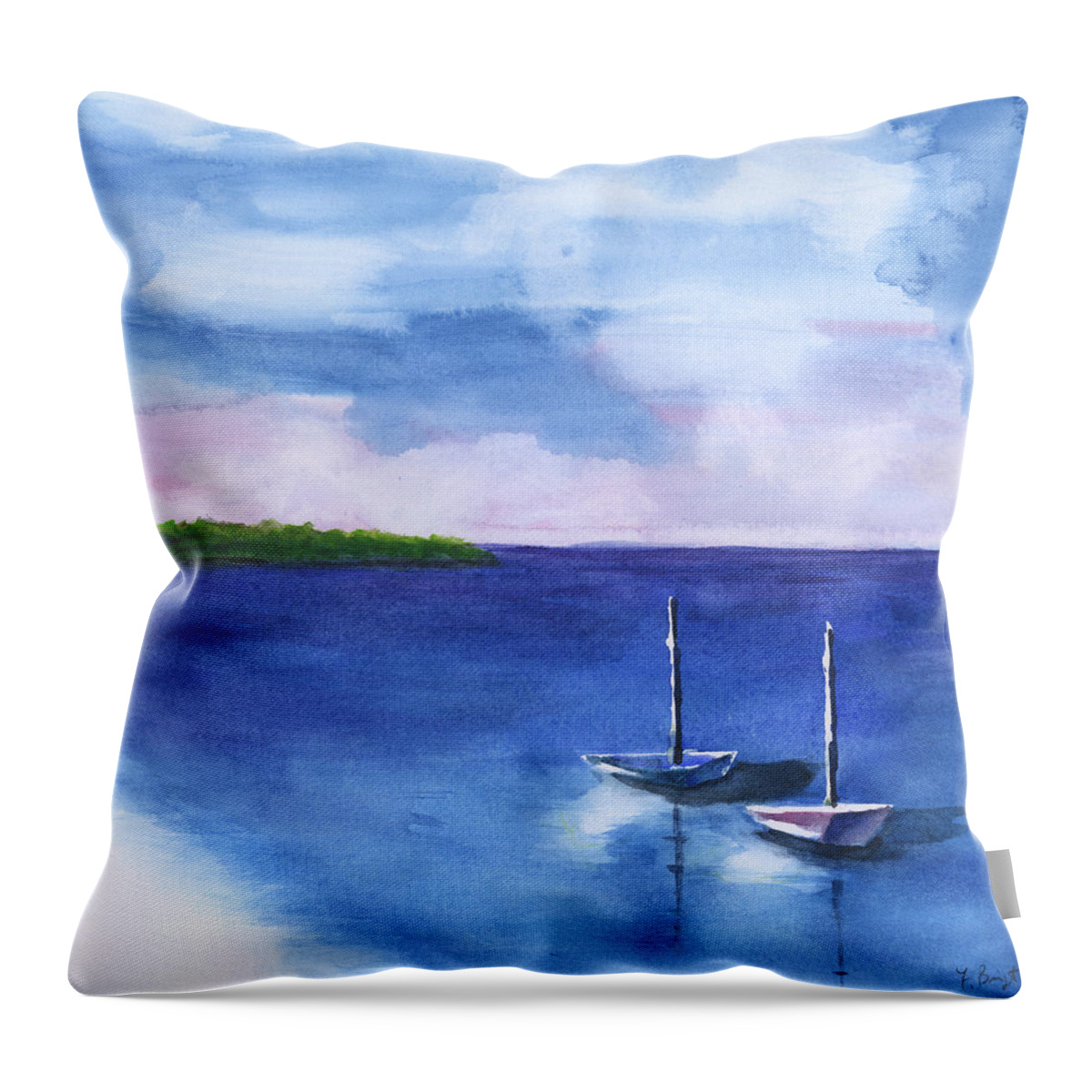 Boats At White Beach Throw Pillow featuring the painting Boats At White Beach by Frank Bright