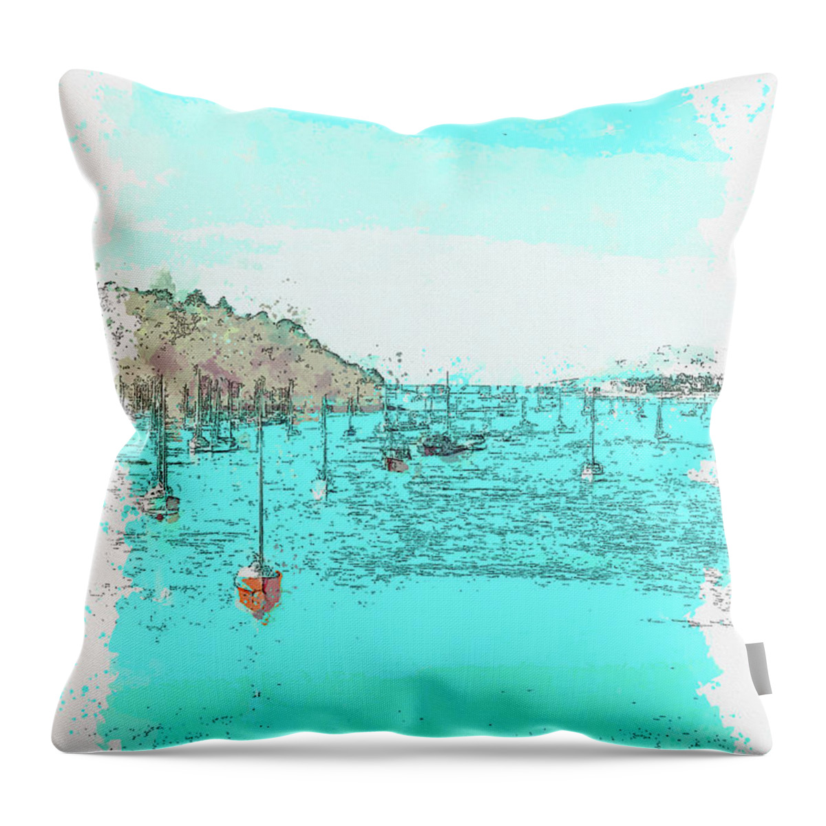 Boats Floating On Bay Watercolor Throw Pillow featuring the painting Boats Floating on Bay by Celestial Images